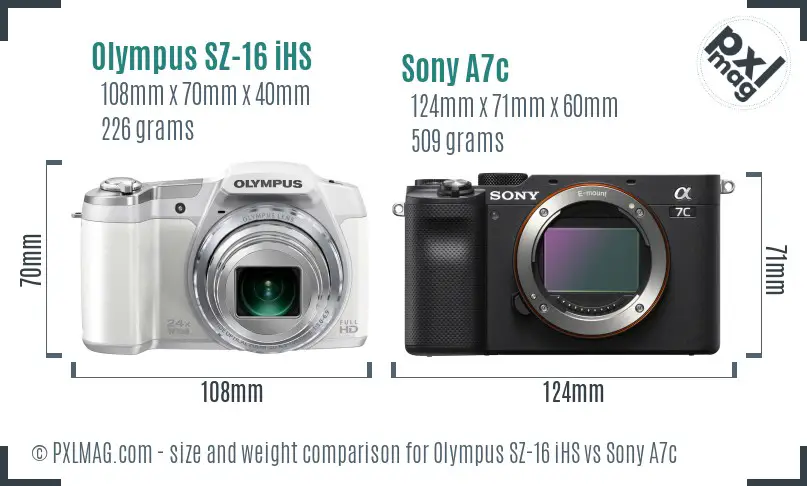 Olympus SZ-16 iHS vs Sony A7c size comparison