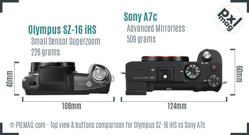 Olympus SZ-16 iHS vs Sony A7c top view buttons comparison