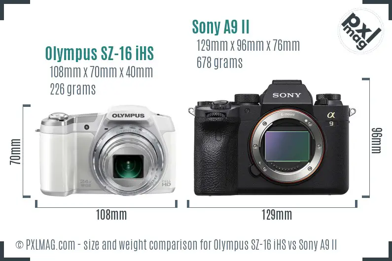 Olympus SZ-16 iHS vs Sony A9 II size comparison