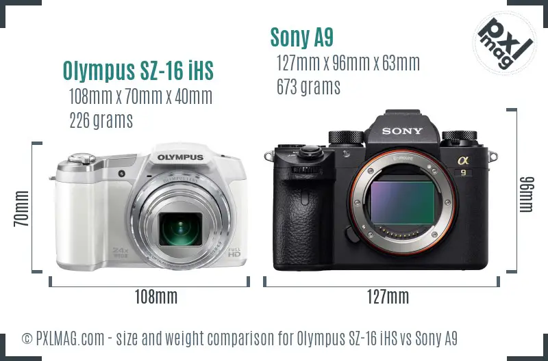 Olympus SZ-16 iHS vs Sony A9 size comparison