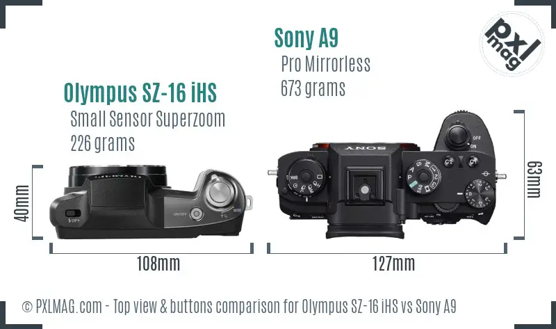 Olympus SZ-16 iHS vs Sony A9 top view buttons comparison
