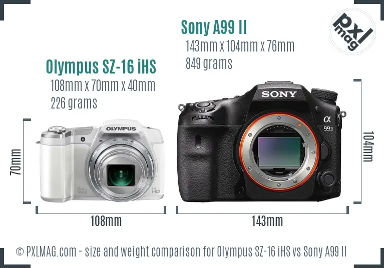 Olympus SZ-16 iHS vs Sony A99 II size comparison
