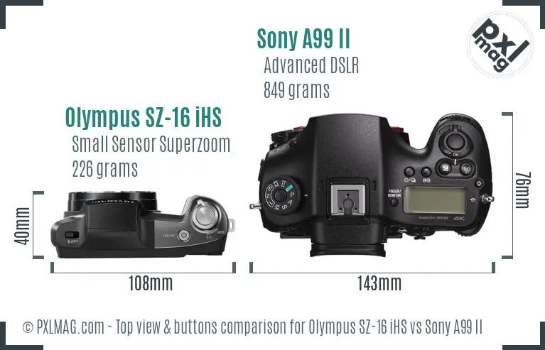 Olympus SZ-16 iHS vs Sony A99 II top view buttons comparison