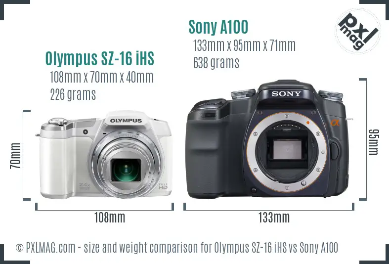 Olympus SZ-16 iHS vs Sony A100 size comparison