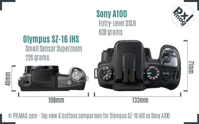 Olympus SZ-16 iHS vs Sony A100 top view buttons comparison