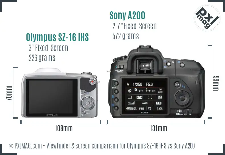 Olympus SZ-16 iHS vs Sony A200 Screen and Viewfinder comparison