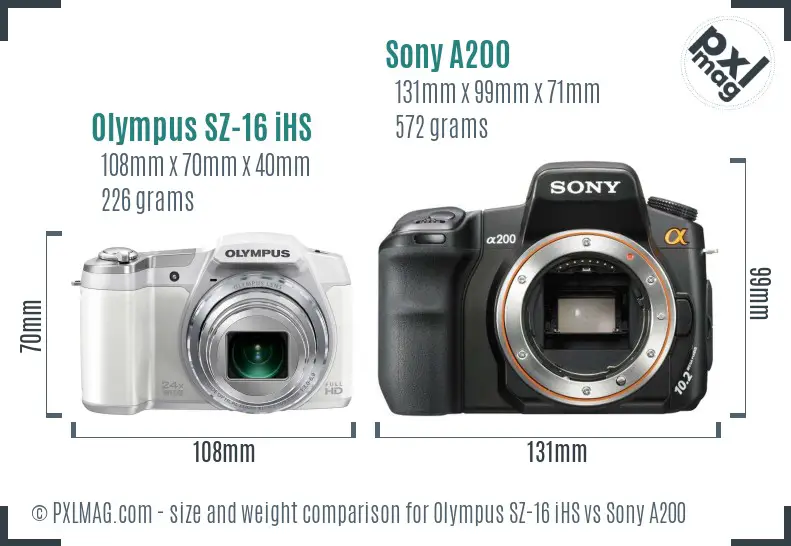 Olympus SZ-16 iHS vs Sony A200 size comparison