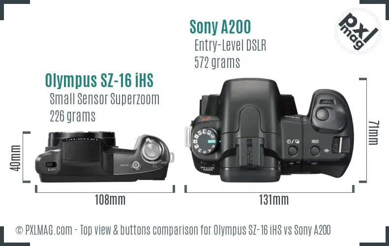 Olympus SZ-16 iHS vs Sony A200 top view buttons comparison
