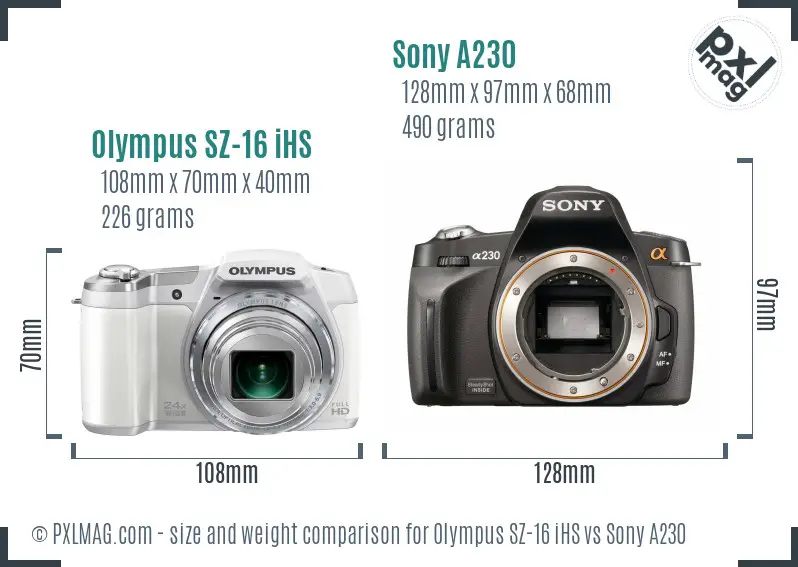 Olympus SZ-16 iHS vs Sony A230 size comparison