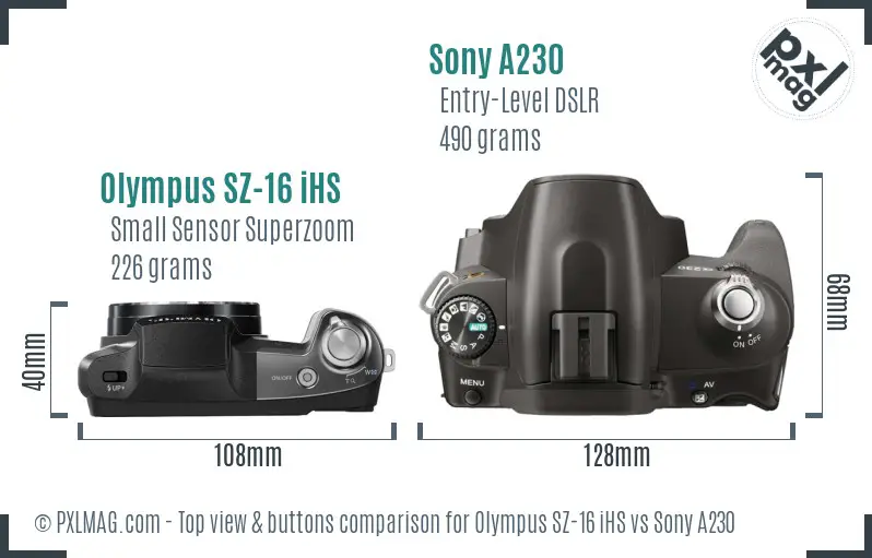 Olympus SZ-16 iHS vs Sony A230 top view buttons comparison
