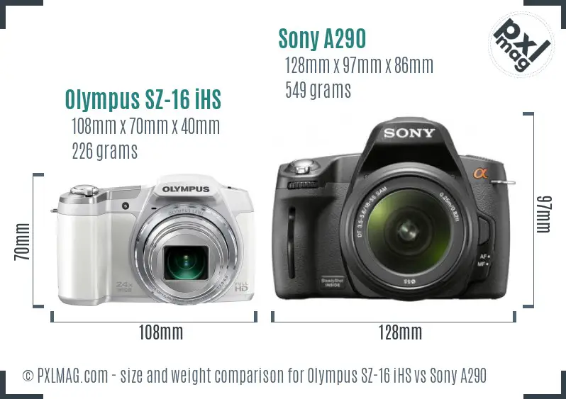 Olympus SZ-16 iHS vs Sony A290 size comparison