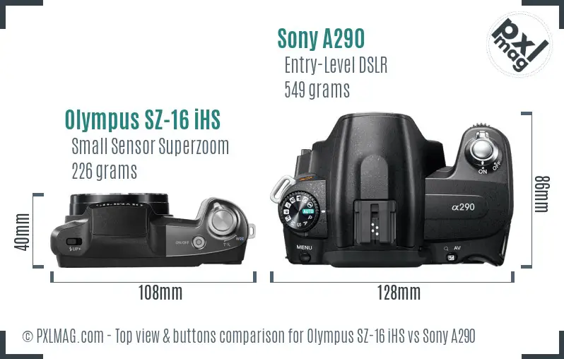Olympus SZ-16 iHS vs Sony A290 top view buttons comparison