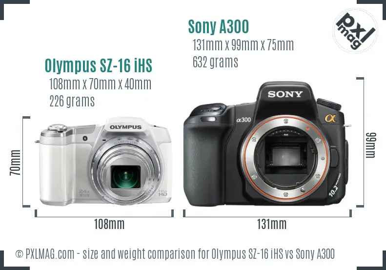 Olympus SZ-16 iHS vs Sony A300 size comparison