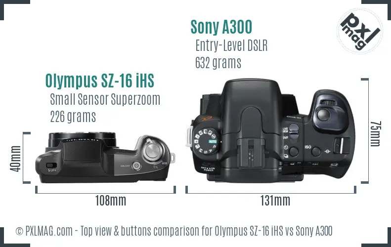 Olympus SZ-16 iHS vs Sony A300 top view buttons comparison
