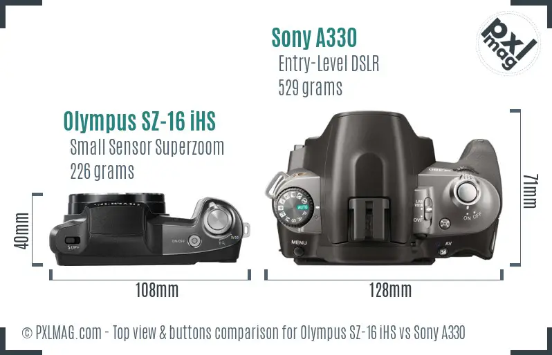 Olympus SZ-16 iHS vs Sony A330 top view buttons comparison