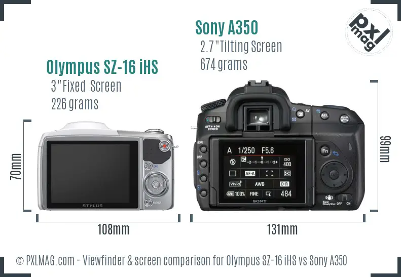 Olympus SZ-16 iHS vs Sony A350 Screen and Viewfinder comparison