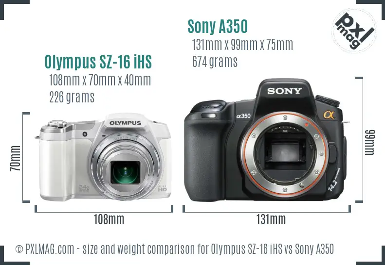 Olympus SZ-16 iHS vs Sony A350 size comparison