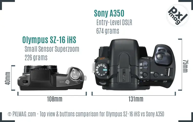 Olympus SZ-16 iHS vs Sony A350 top view buttons comparison