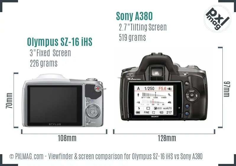 Olympus SZ-16 iHS vs Sony A380 Screen and Viewfinder comparison