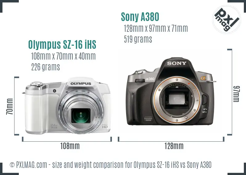 Olympus SZ-16 iHS vs Sony A380 size comparison