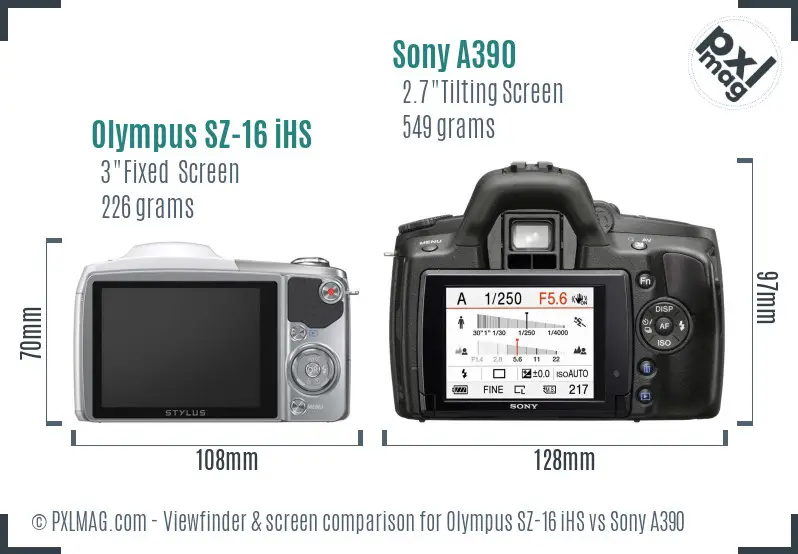 Olympus SZ-16 iHS vs Sony A390 Screen and Viewfinder comparison