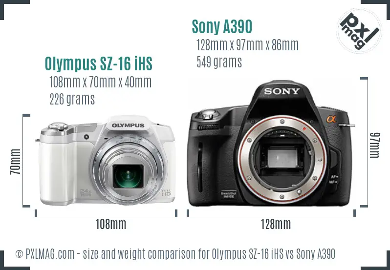 Olympus SZ-16 iHS vs Sony A390 size comparison