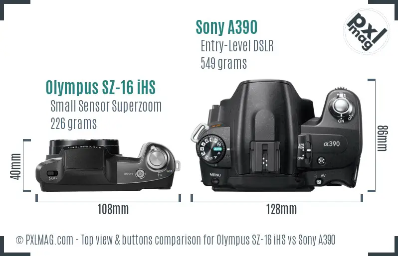 Olympus SZ-16 iHS vs Sony A390 top view buttons comparison