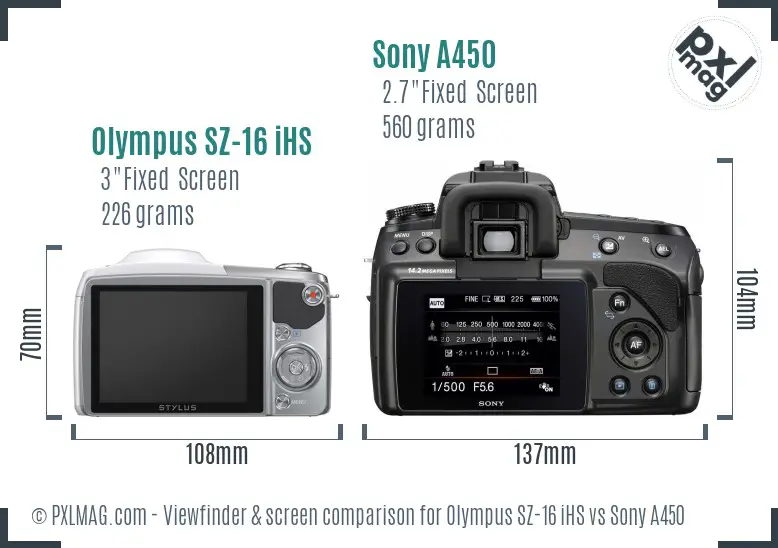 Olympus SZ-16 iHS vs Sony A450 Screen and Viewfinder comparison