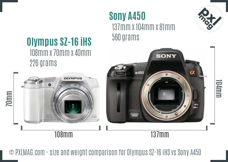 Olympus SZ-16 iHS vs Sony A450 size comparison