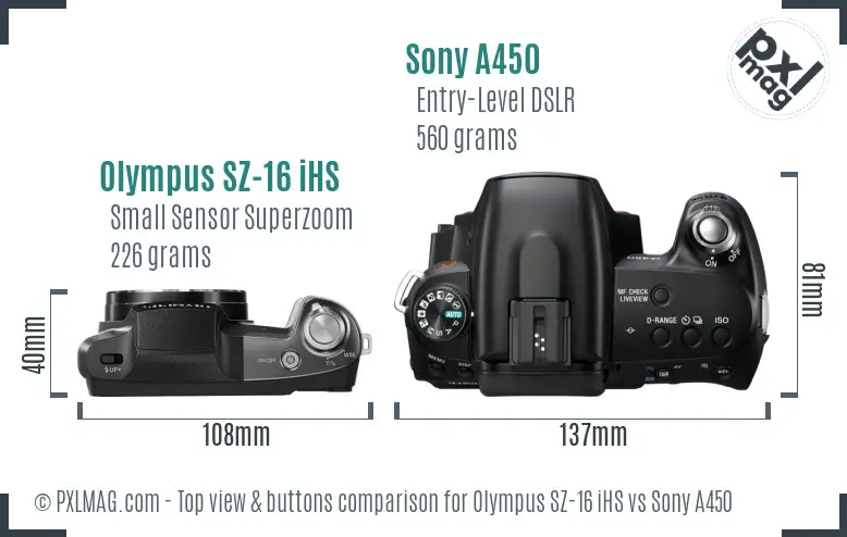 Olympus SZ-16 iHS vs Sony A450 top view buttons comparison