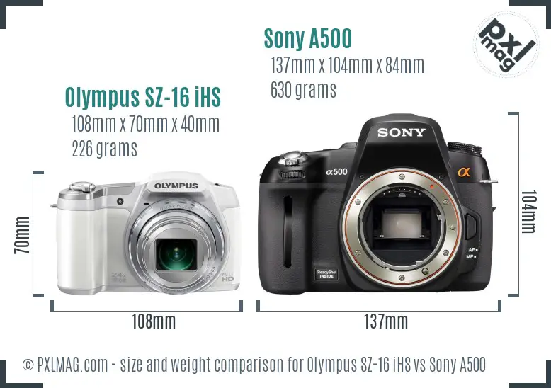 Olympus SZ-16 iHS vs Sony A500 size comparison