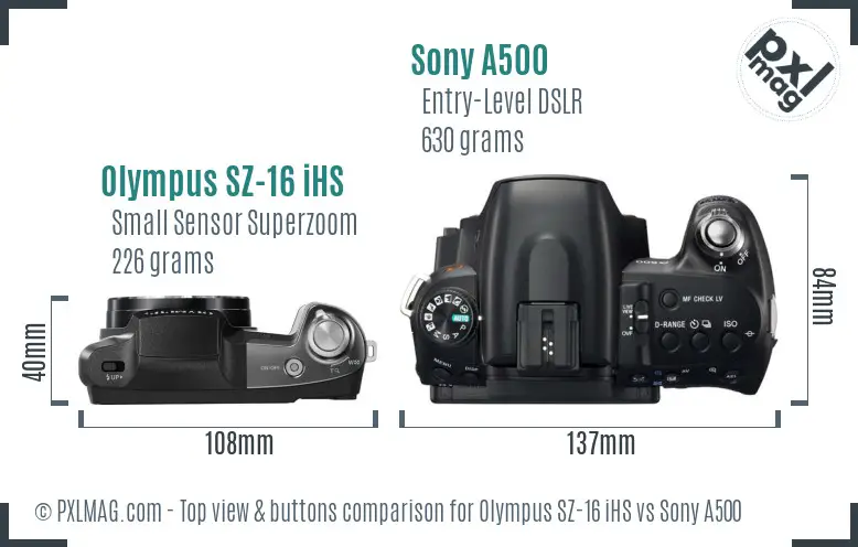 Olympus SZ-16 iHS vs Sony A500 top view buttons comparison