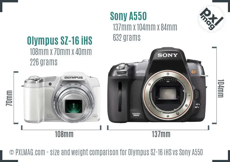 Olympus SZ-16 iHS vs Sony A550 size comparison