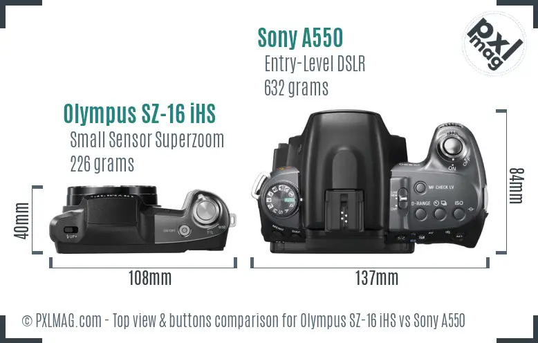 Olympus SZ-16 iHS vs Sony A550 top view buttons comparison