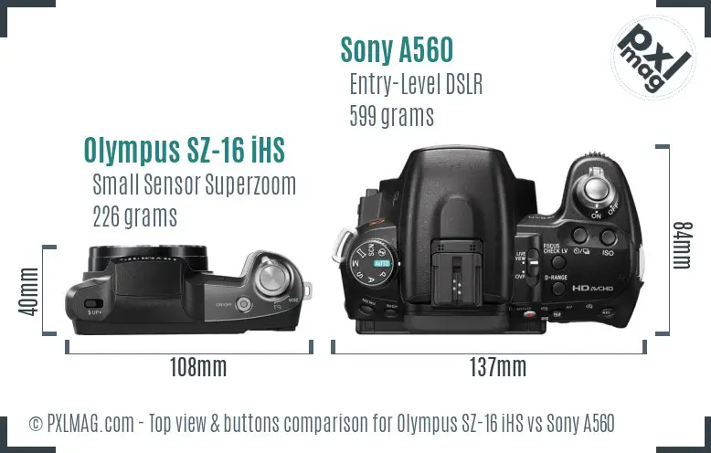 Olympus SZ-16 iHS vs Sony A560 top view buttons comparison