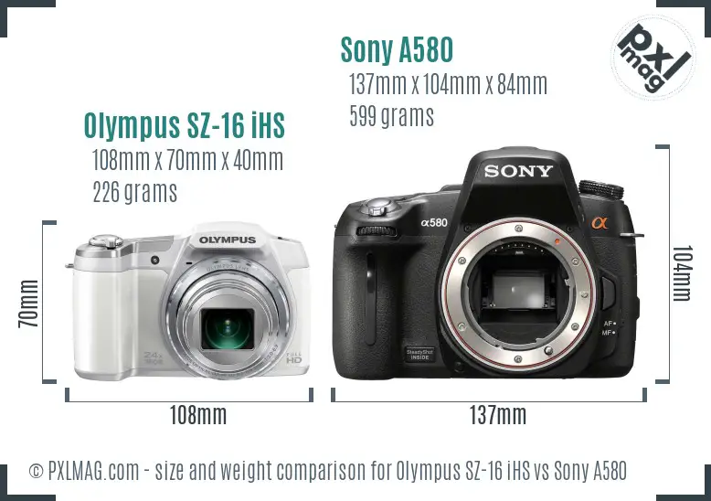 Olympus SZ-16 iHS vs Sony A580 size comparison