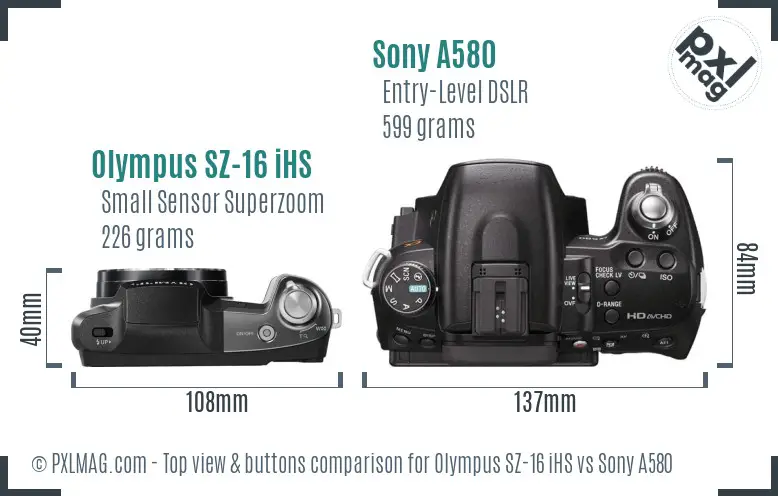 Olympus SZ-16 iHS vs Sony A580 top view buttons comparison