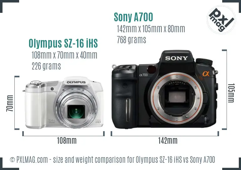 Olympus SZ-16 iHS vs Sony A700 size comparison