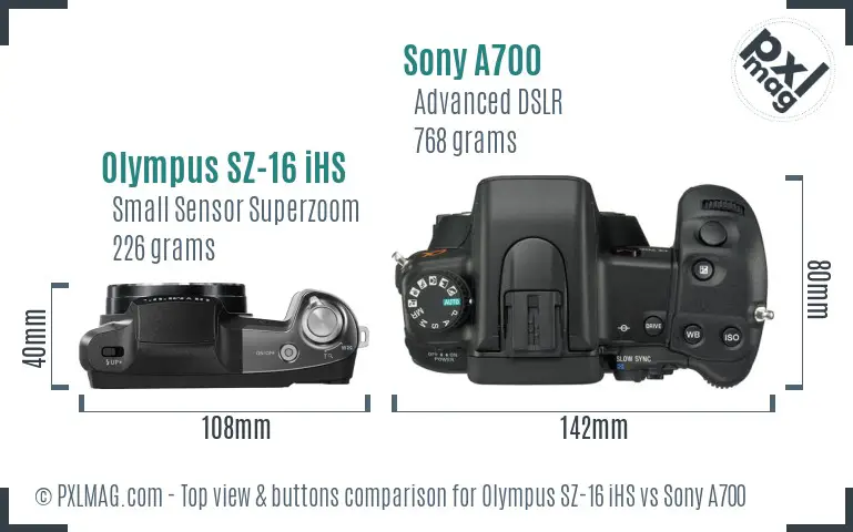 Olympus SZ-16 iHS vs Sony A700 top view buttons comparison