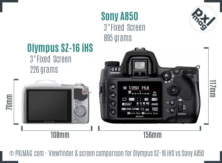 Olympus SZ-16 iHS vs Sony A850 Screen and Viewfinder comparison