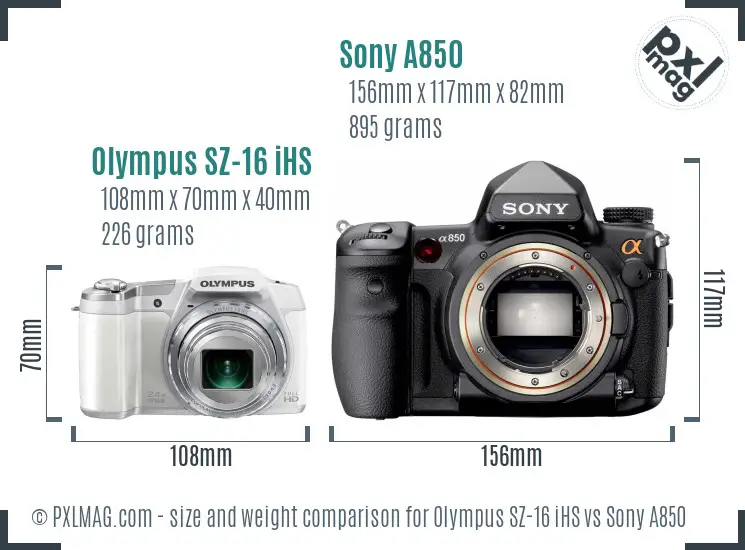 Olympus SZ-16 iHS vs Sony A850 size comparison