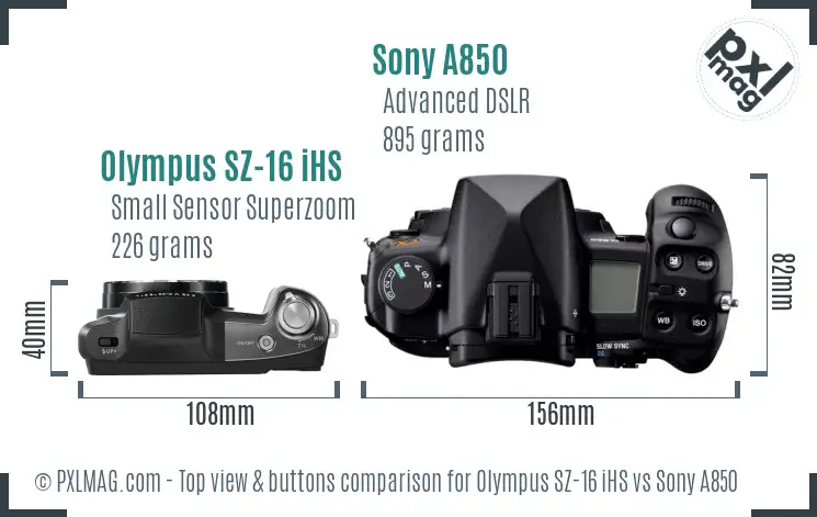 Olympus SZ-16 iHS vs Sony A850 top view buttons comparison