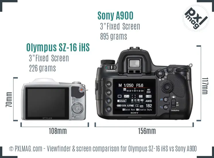 Olympus SZ-16 iHS vs Sony A900 Screen and Viewfinder comparison