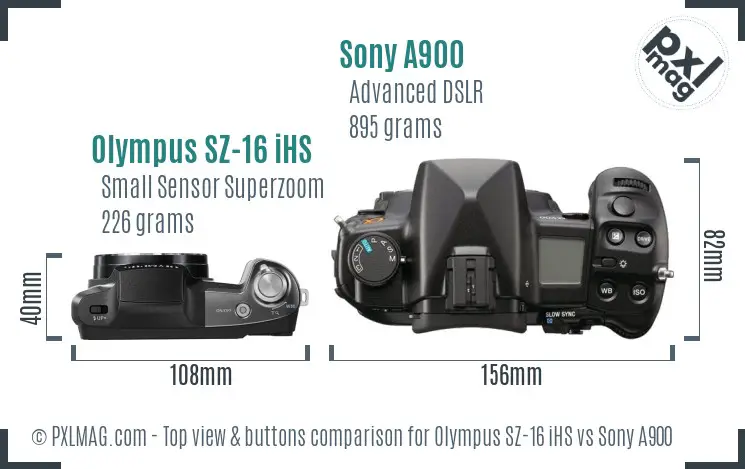 Olympus SZ-16 iHS vs Sony A900 top view buttons comparison