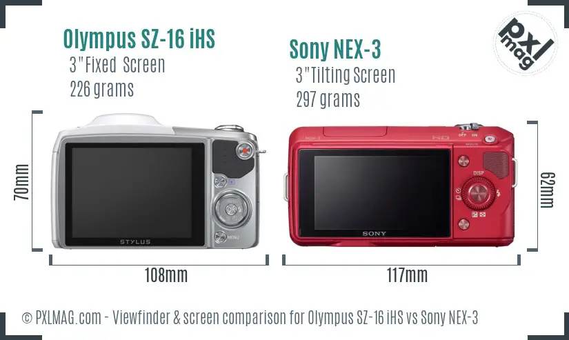 Olympus SZ-16 iHS vs Sony NEX-3 Screen and Viewfinder comparison