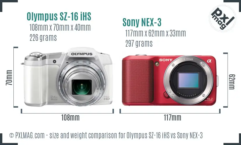 Olympus SZ-16 iHS vs Sony NEX-3 size comparison