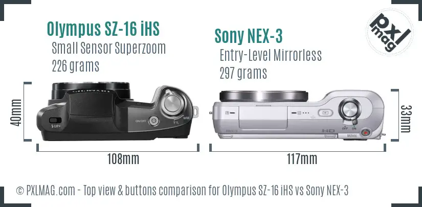 Olympus SZ-16 iHS vs Sony NEX-3 top view buttons comparison