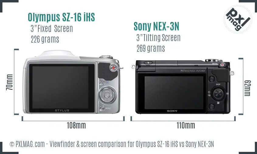 Olympus SZ-16 iHS vs Sony NEX-3N Screen and Viewfinder comparison