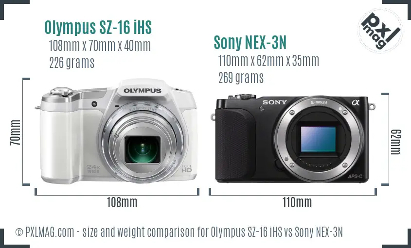 Olympus SZ-16 iHS vs Sony NEX-3N size comparison