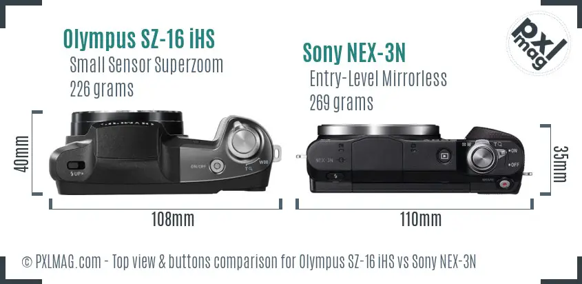 Olympus SZ-16 iHS vs Sony NEX-3N top view buttons comparison